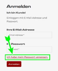 Screenshot zeigt das Anmeldefenster mit Fokus auf die Funktion Passwort vergessen